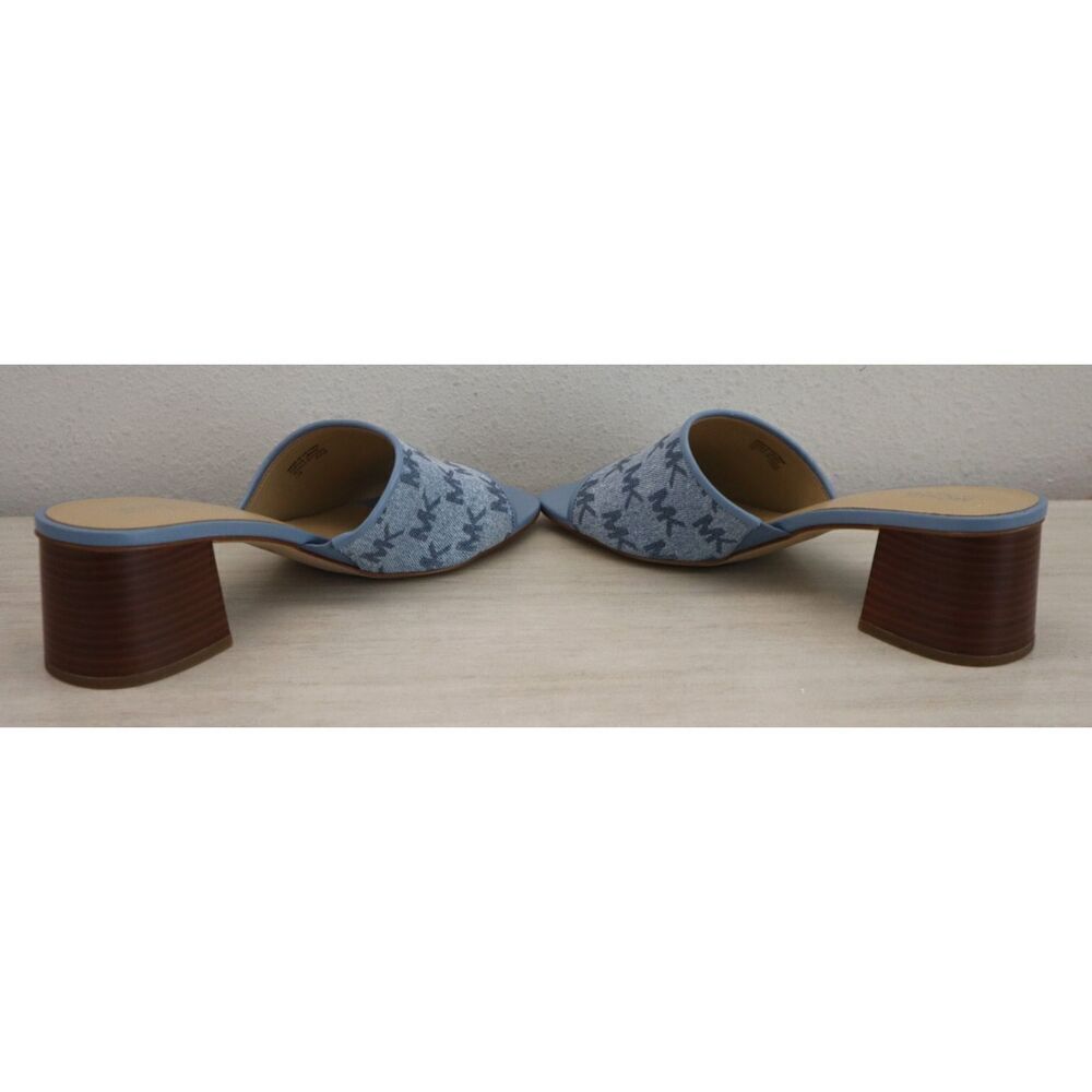 Michael Kors PV24K Women Sz 11M Blue Denim Logo Print Heeled Slides Sandals - Picture 8 of 10